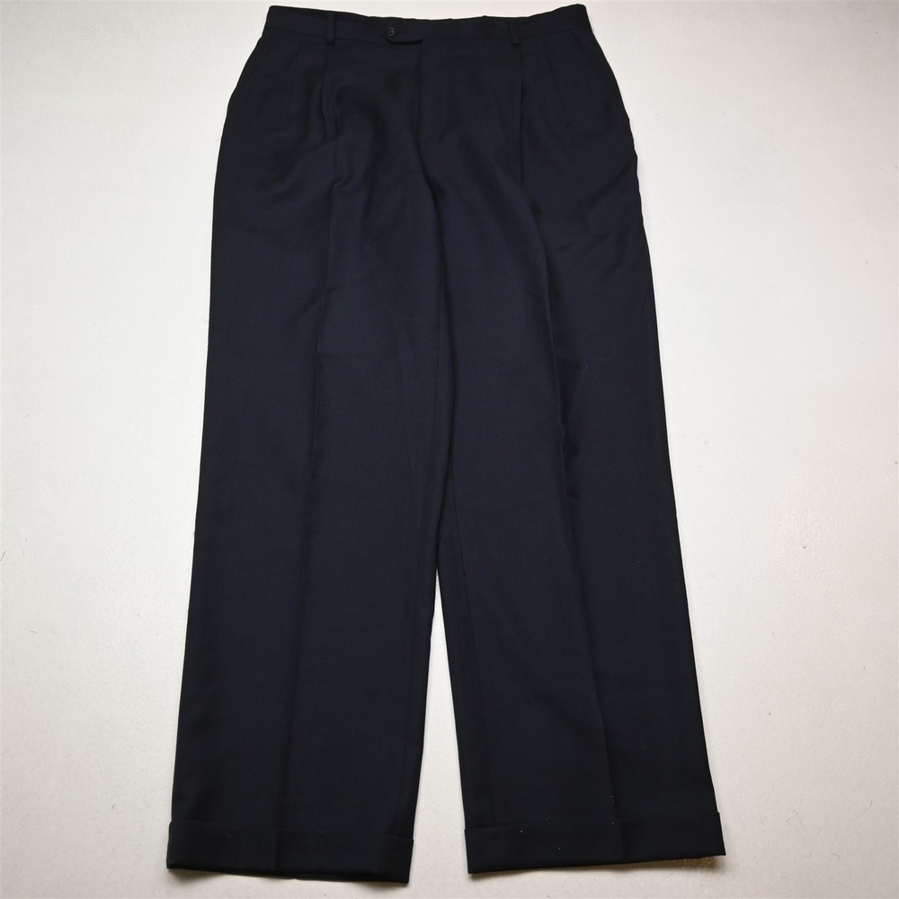 Bespoke 34x32 Navy Blue Micro Birdseye 100% Wool Pleated Cuffed Baggy Mens Pants